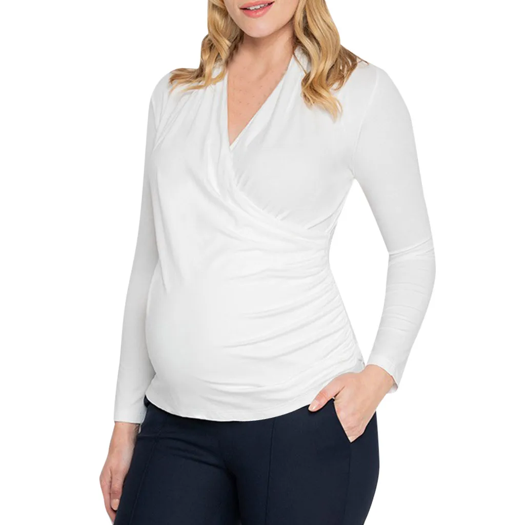 Женская одежда для беременных с v-образным вырезом и длинными рукавами, однотонная блузка с оборками, топы, топы с крестообразным вырезом, топы для грудного вскармливания - Цвет: Белый