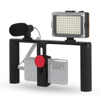 

Universal Aluminum Alloy Dual Handheld Phone Cage Dual-Handgrip Video Cage with 3200K-6400K Bi-color mini LED Video Light Mic