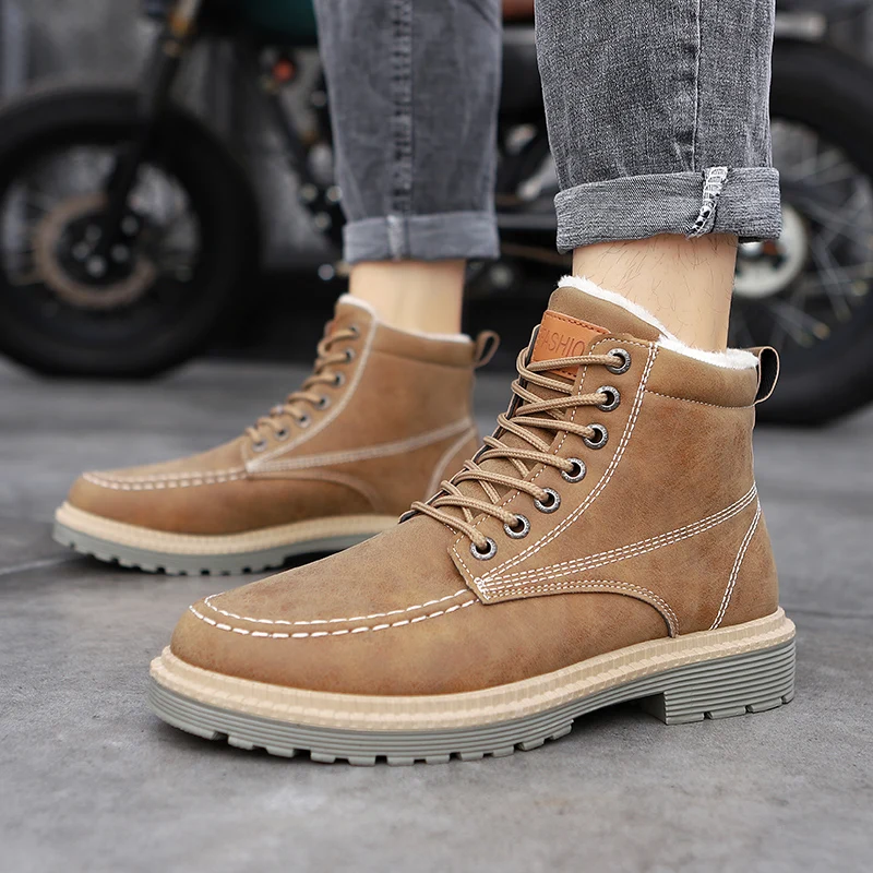 

2019 Snow Boots Men Winter Plush Warm Men Motorcycle Boots Lace-Up Non-slip Male Ankle Boots Waterproof Autumn Man Work Shoes
