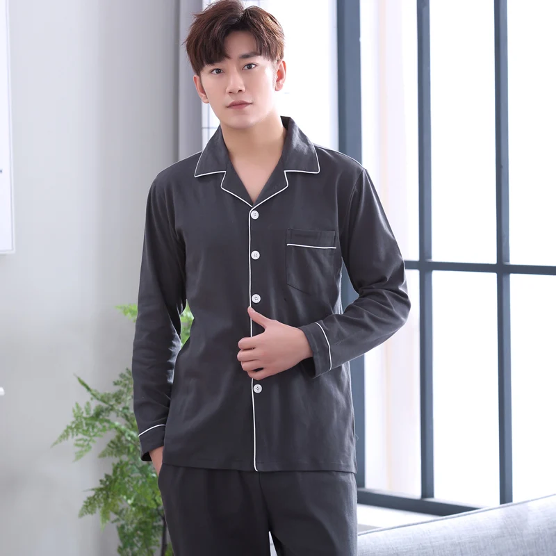 

Sugis men's pajamas new autumn cotton long-sleeved lapel cardigan plus size casual home service suit