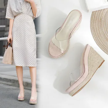 

Elegant Solid Novelty Wedges Slides Women Open Toe High Outside Ladies Platform Slippers Office Career Summer Shoes Plastic