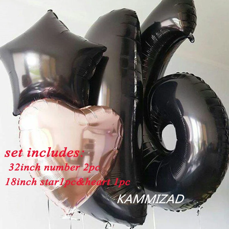 16 years old set Черные фольгированные шары с цифрами для детей от 16 до 25 лет 0, 1, 2, 5 лет, праздничные вечерние шары для дня рождения, вечеринки - Цвет: 16 years old set