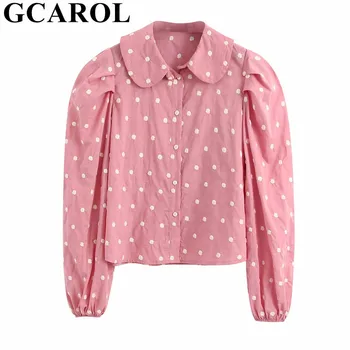 

GCAROL Spring Summer Women Polka Dot Embroidered Shirt Peter Collar Puff Sleeve Drop Shoulder Short Blouse Multi Occasion Tops