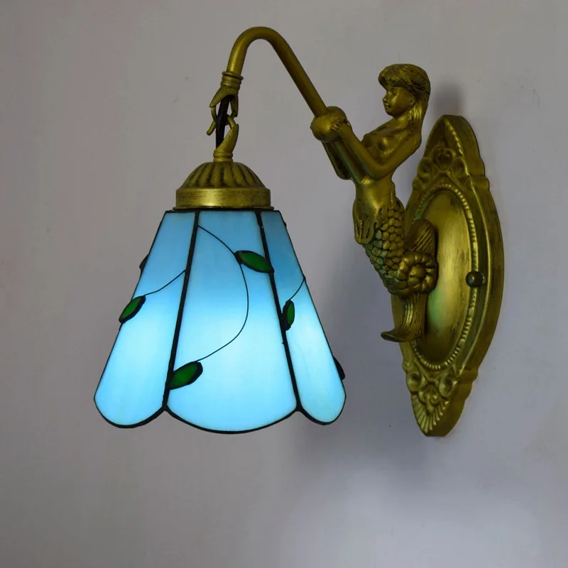 

Fashion Mediterranean Blue Leaf Lampshade Wall Lamp with Mermaid Body Mirror Light Rustic Stained Glass Bed Wall Light