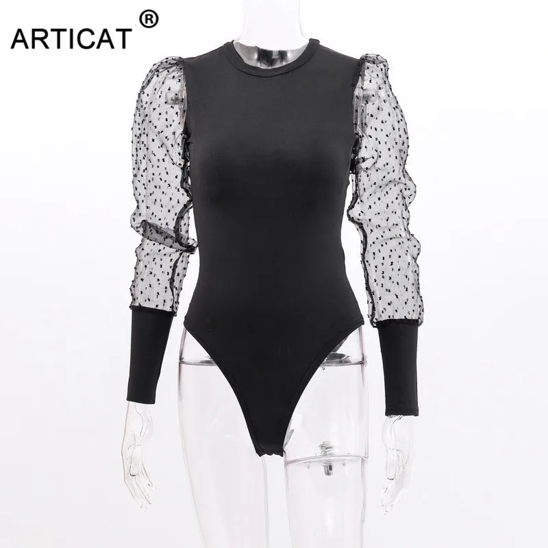 Articat Puff Sleeve Lace Bodysuit Women Tops Autumn Long Sleeve Bodycon Rompers Womens Jumpsuit Skinny Basic Slim Sexy Bodysuits