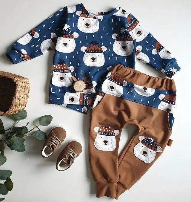 2Pcs Cute Cotton Newborn Kids Sets For Infant Baby Boy Girl Bear Print Long Sleeve T-Shirt Tops Long Pants Outfits Clothes