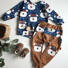 2Pcs Cute Cotton Newborn Kids Sets For Infant Baby Boy Girl Bear Print Long Sleeve T-Shirt Tops Long Pants Outfits Clothes