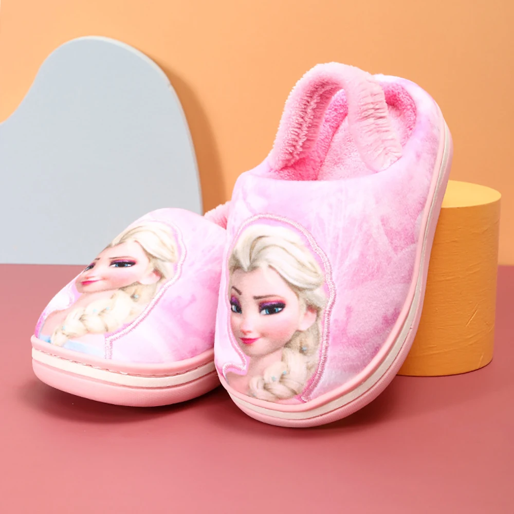 Disney Cartoon Home Cotton Slippers For Girls Frozen Princess Elsa Prints Indoor Floor Shoes Baby Kids Nonslip Soft Winter Flats