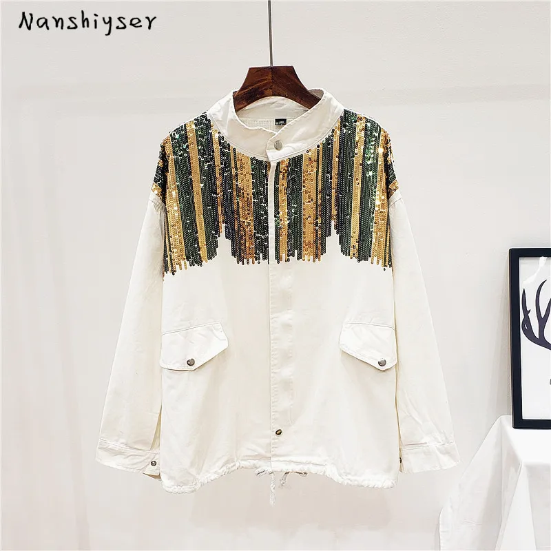 

Autumn 2020 High quality Sequins Denim jacket Women Bomber jacket Fashion Oversized Vintage Hippie Jean jacket Casaco Feminino