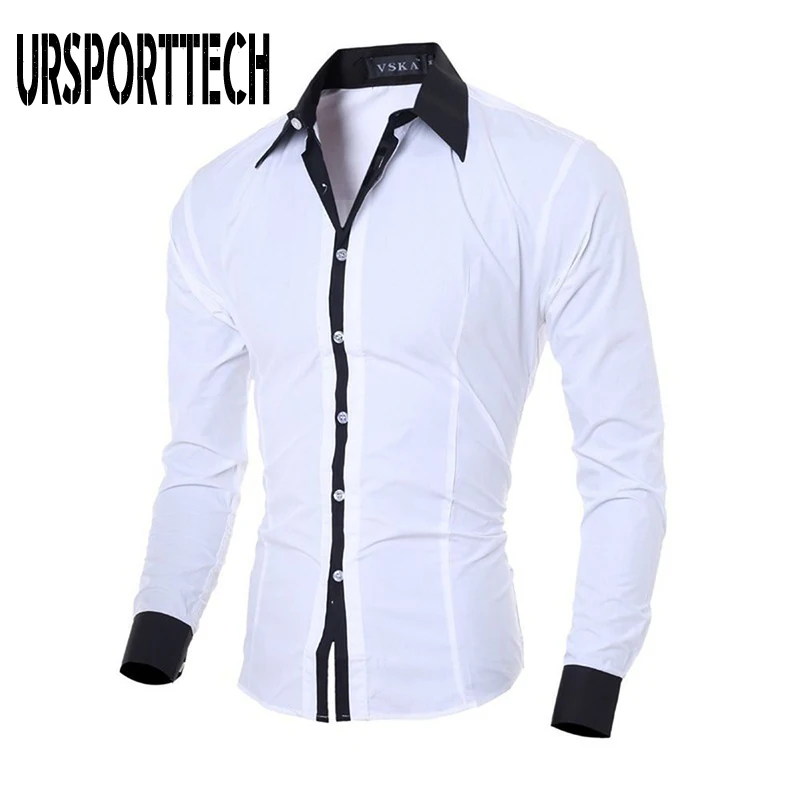 Mens Shirt Men Clothing Slim-Fit Long-Sleeve Grey Black White New-Fashion Plain Casual