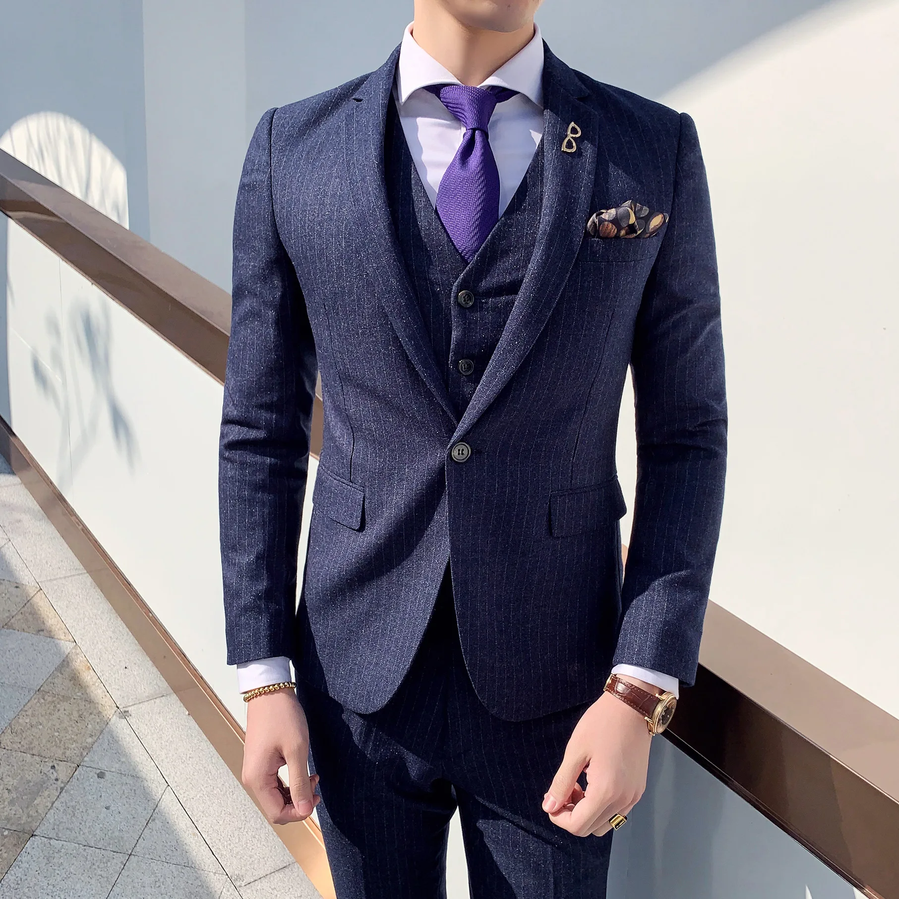 3 шт мужской костюм Марка Slim Fit Повседневное платье в деловом стиле костюмы Для мужчин s Высокое качество Мода полосой одна кнопка свадебный смокинг костюм
