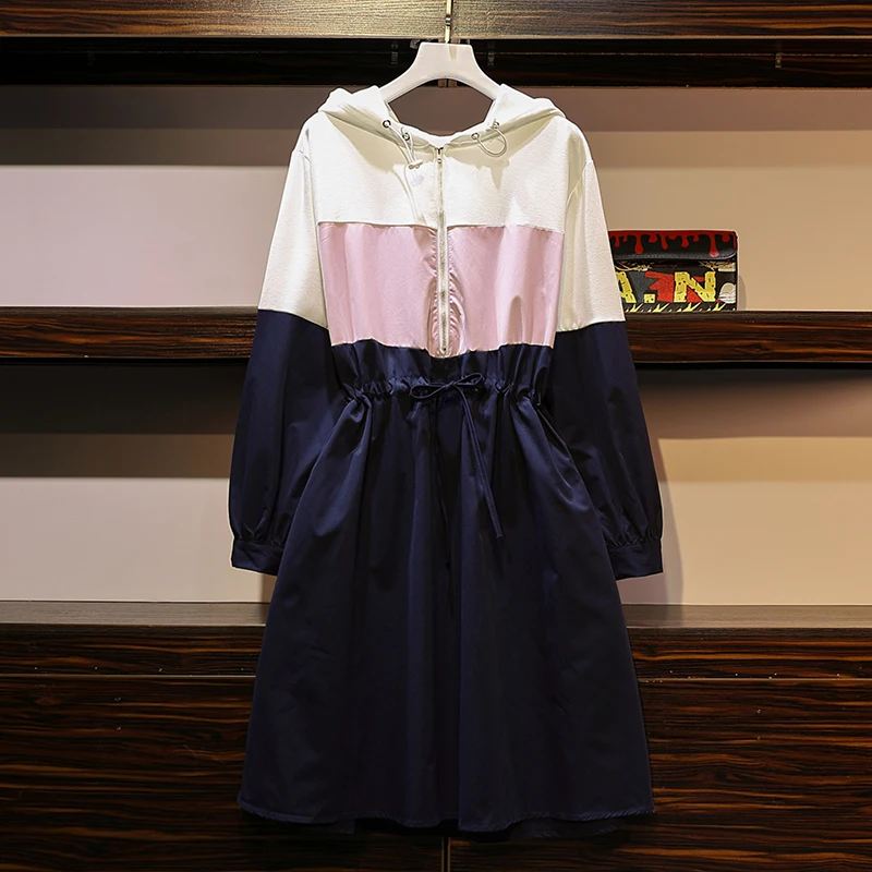

XL-5XL Plus Size Women Zipper Hooded Casual Dress Autumn 2019 Patchwork Color Long Sleeve Drawstring Waist Ladies A-Line Dresses