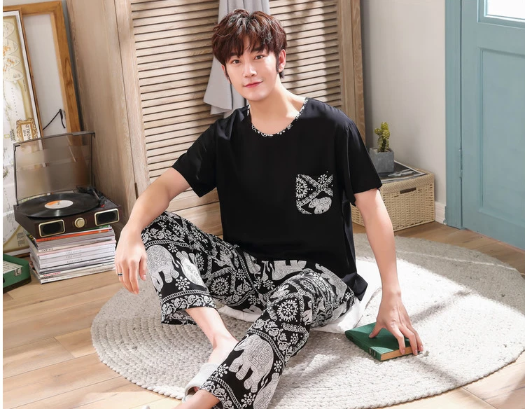 soft cotton pyjamas 2020 New Printing Pajama Set Man Korean Style Cotton Short Sleeve Long Trousers Twinset Pijama Summer Thin  Loungewear men satin pajamas Pajama Sets