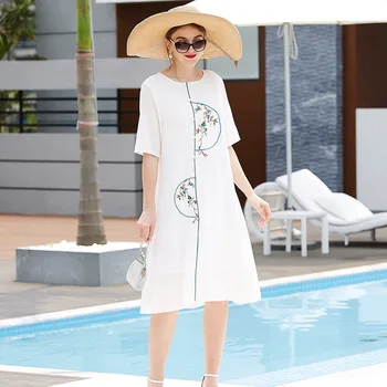 

Summer Elegant White Embroidery Round Neck Half Sleeve Large Swing Dress Chinese Style Retro Fashion Loose Medium Length Dress