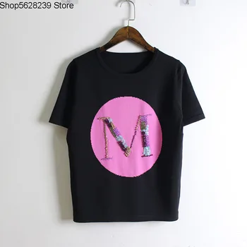 

2020 Round Neck Short Sleeve Contrast Color Round Order Drill M Letter Order Beads Sequins Short Sleeve Knitting Shirt T Shirt