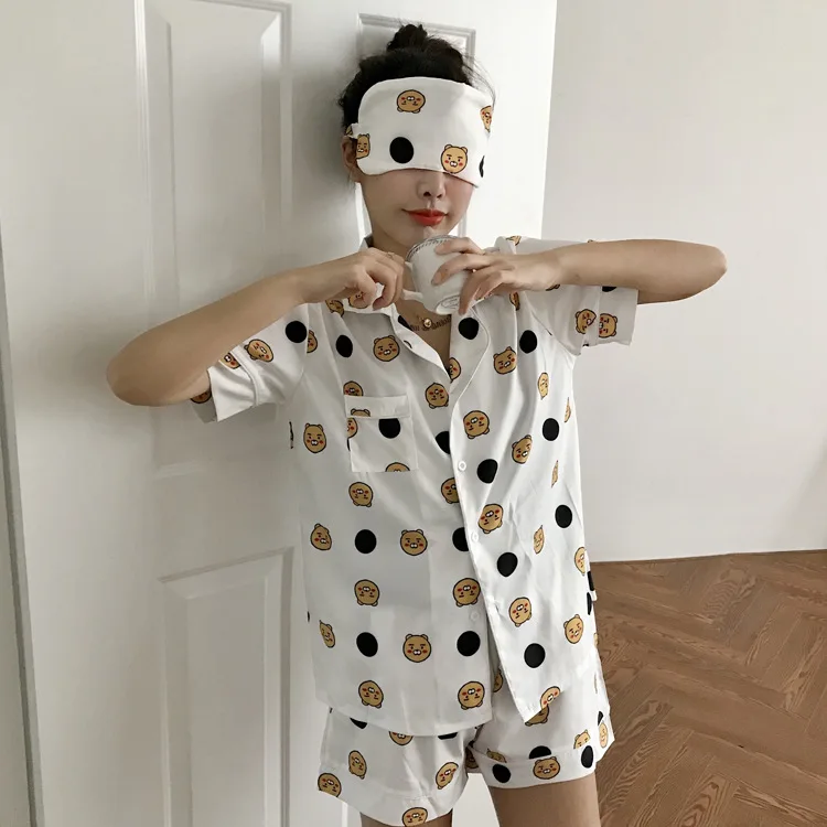 

2019 Summer New Style Korean-style Online Celebrity Bear Printed Homewear Set Loose Casual Pajamas Shorts Women's