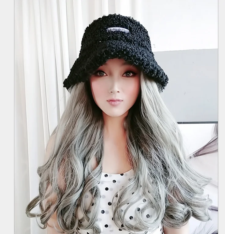 

Lamb Wool Fisherman Hat With Wig In One Female Autumn Winter Natural Big Wave Detachable Fashion Corn Perm Women Girl Black Gray