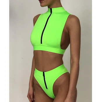 

High Waist Bikini 2020 Mujer Neon Green Swimsuit Female High Neck Swimwear Women Zipper Crop Top Sexy Bathing Suit Bathers