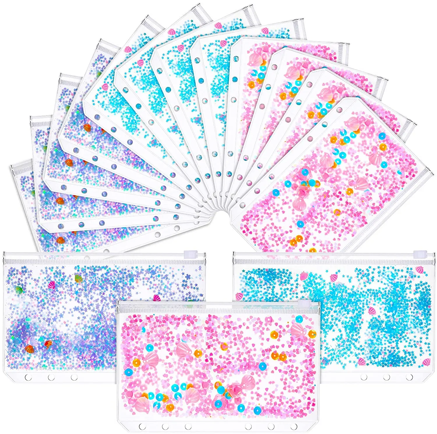 6 Pieces Binder PVC Pockets Glitter Zipper Folders A6 Size Notebook Binder Loose Leaf Bags Waterproof PVC Pouch Document Filing 1 pc a4 a5 a6 a7 b5 binder pocketsbinder zipper folder for 6 ring notebook binder transparent loose leaf pouch document file bag