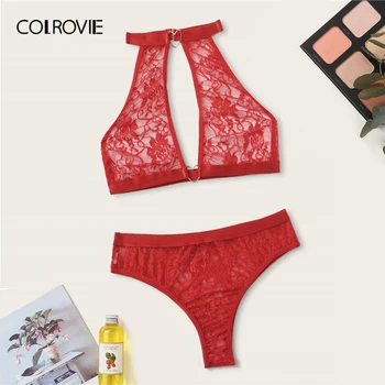 

COLROVIE Red Floral Lace Heart Ring Linked Lingerie Set Women 2020 Summer Choker Bralettes and Briefs Sexy Sets