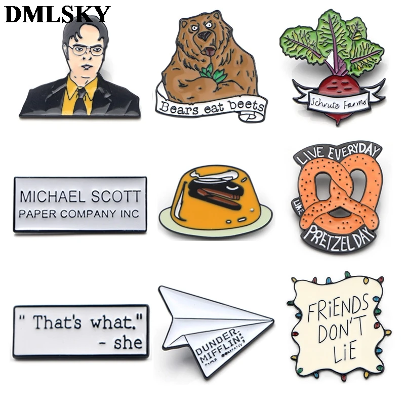 

DMLSKY Office tv show Dwight Schrute Metal Pins Enamel Brooches for Women Men Lapel Pin Backpack Badge Denim Pin M4087
