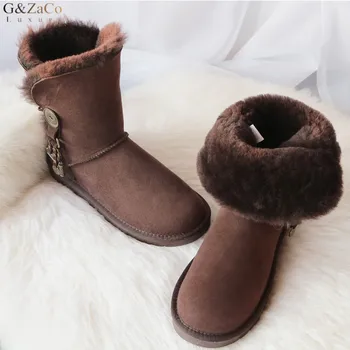 

G&ZaCo Luxury Brand Sheepskin Snow Boots Natural Sheep Fur Boots Women Mid Calf Metal Tassel Real Sheep None Slip Boots Women