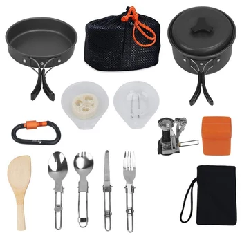 

Portable Outdoor Camping Cookware Camping Hiking Picnic Teapot Pot Set Non-stick Tableware With Stove Spoon Fork Knife Kettle 1