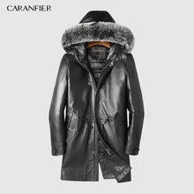 CARANFEIR 2019 Mens Sheepskin Coat Genuine Leather Winter Duck Down Jacket Men Fox Fur Collar Hooded Long Coat DHL Free Shipping