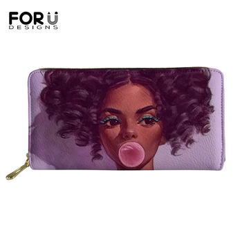 

FORUDESIGNS Fashion PU Leather Women's Long Wallets African Girls Pattern Girls Coin Purses Afro Arts Design Travel Pockets