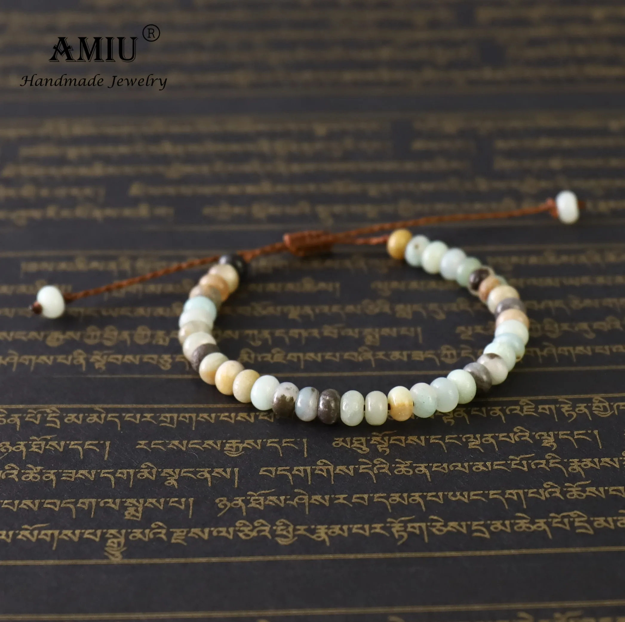 AMIU ручной работы Для Мужчин's Натуральный камень браслет из бисера Amazon stone бусины воск браслет из нитей