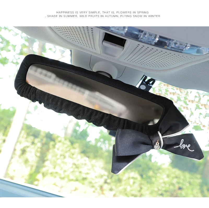 Cute Bowknot Car Interior Rearview Mirror Cover for Girls Plush Auto Mirror Case Bow Decoration Accessories for Women and Girls