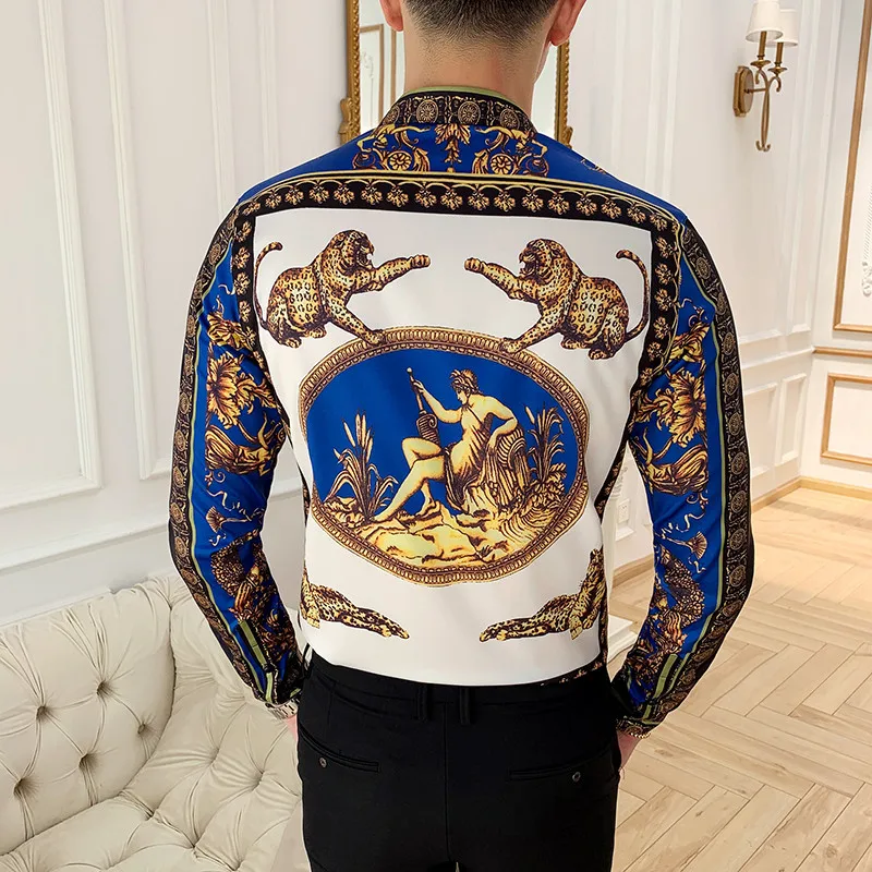 Najtaniej Luksusowa drukowana koszula męska moda odzież klubowa męska designerska marka bluzka w roślinny wzór Slim z długim rękawem Camisa barokowa szczupła bluzka wyjściowa