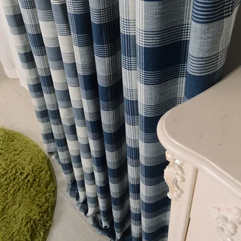 

Nordic Square Lattice Cotton and Hemp Curtains for Living Dining Room Bedroom Customized Finished Curtains