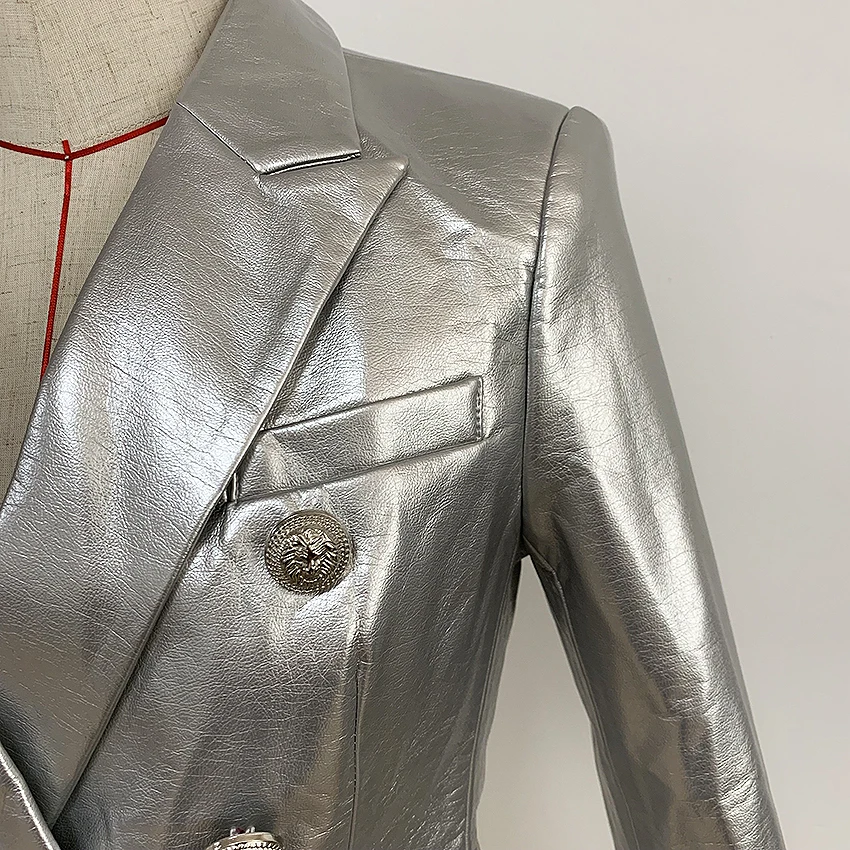 HIGH STREET Newest 2021 Designer Stylish Runway Women's Fashion Lion Buttons Silver Leather Blazer Jacket 3