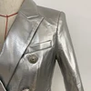 HIGH STREET Newest 2021 Designer Stylish Runway Women's Fashion Lion Buttons Silver Leather Blazer Jacket 3