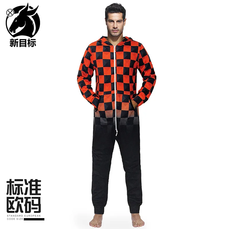 

MEN'S WEAR Autumn And Winter New Style Fun Black And Red Grid Printed Hooded Pajama Pajamas Loose Fashion Long Sleeve Onesi