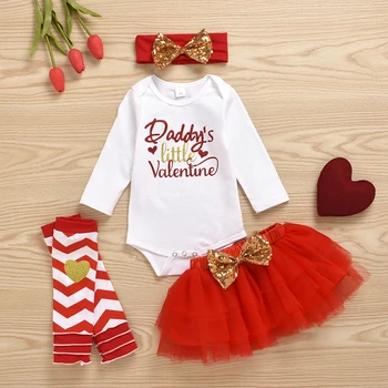

My 1st Valentine's Day Clothes Outfits Baby Girl Bodysuit Tutu Skirt Hairbands Socks 4 Pieces Set Infant Newborn Girls Jumpsuit