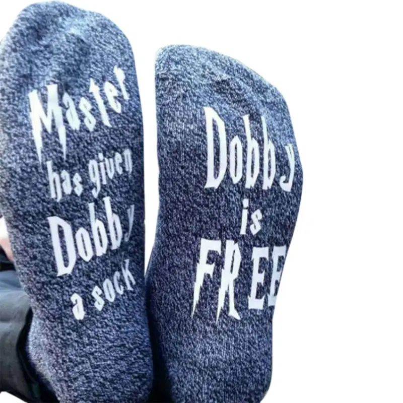 Women Men Unisex Thicken Long/Short Ankle Socks Cotton Knitted Funny Letters Sewn On Sole Contrast Color Striped Winter Warmer