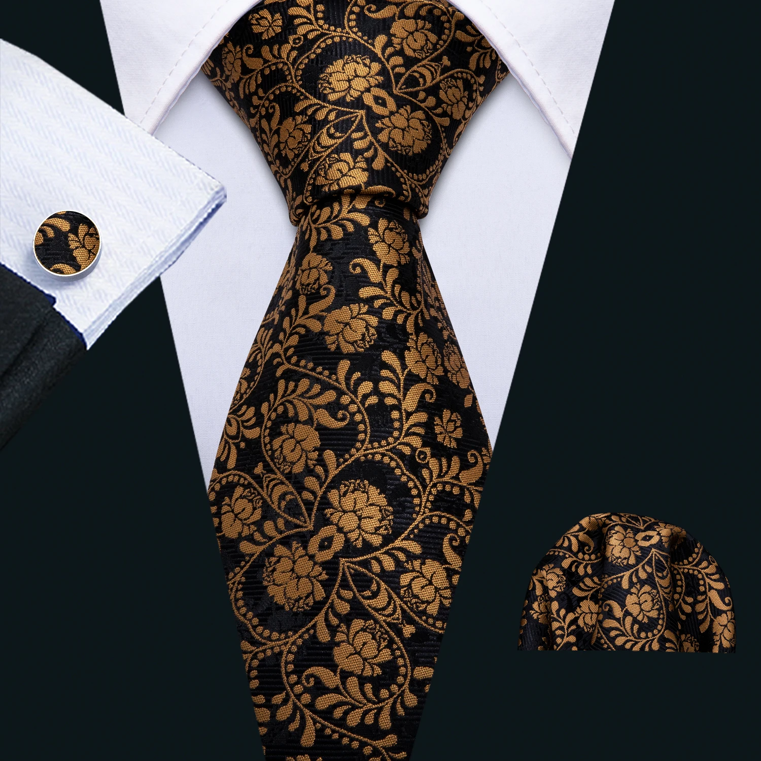

Men Gold Ties Silk Floral Necktie Set Pocket Square Cufflinks Fashion Black Necktie for Business Wedding Tie Barry.Wang FA-5193