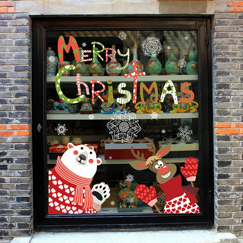 

90*60cm 1PC New Shop Window Refrigerator Bear Santa Claus SnowFlake Gifts Christmas Tree Wall Sticker For Home Decoration