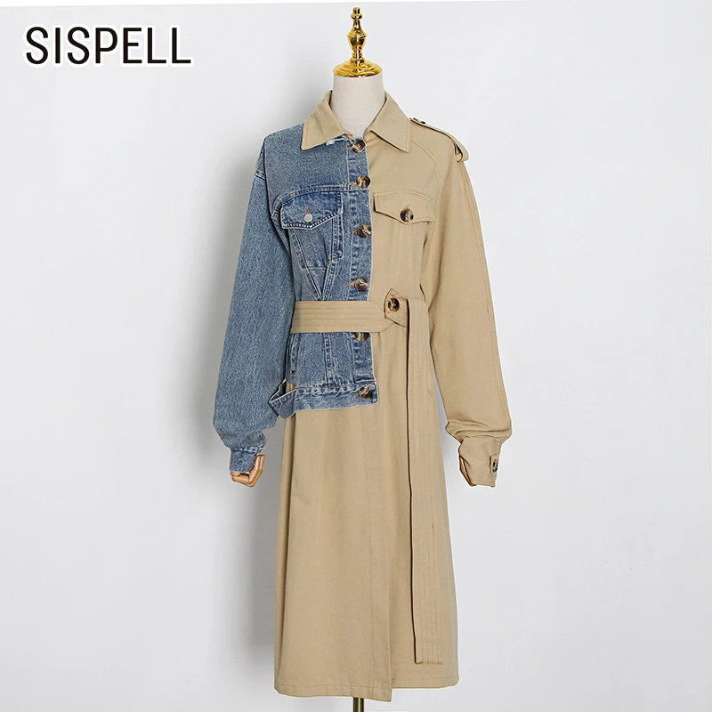 

SISPELL Casual Patchwork Denim Windbreaker Lapel Collar Lantern Long Sleeve High Wasit Belt Coats Feamle 2020 Fashion Autumn New