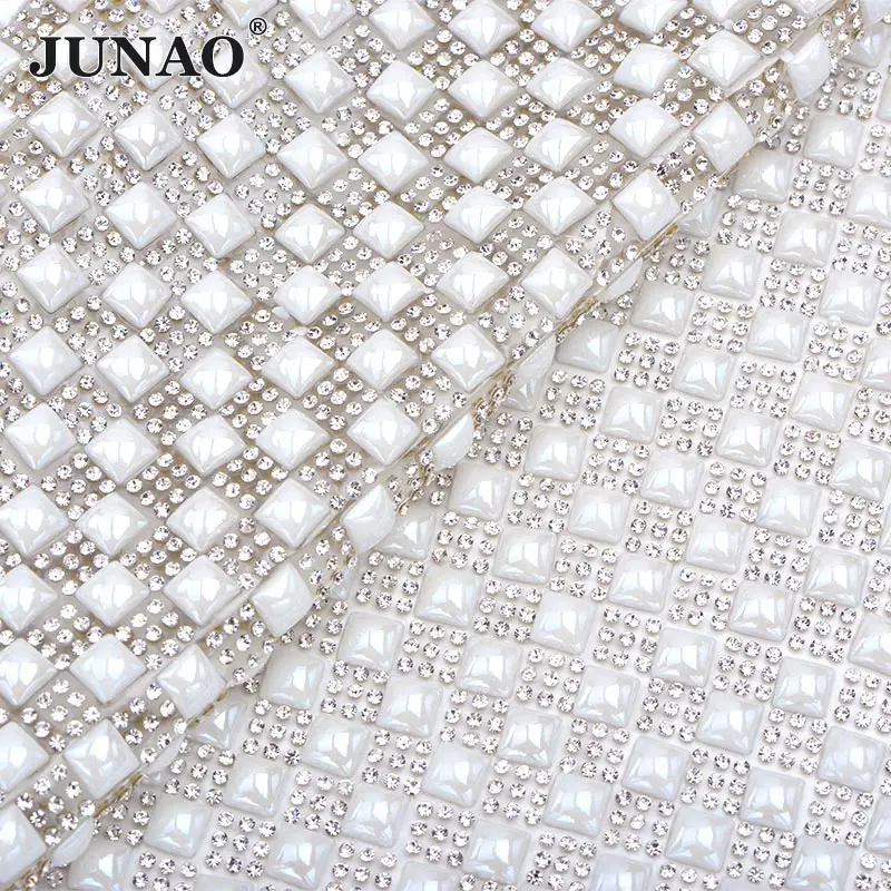 8mm Square JUNAO 24*40 см, самоклеющиеся белый жемчуг, горный хрусталь, сетка, отделка кристаллами, ткань, жемчужная аппликация со стразами, лента для одежды, ювелирных изделий - Цвет: 8mm Square