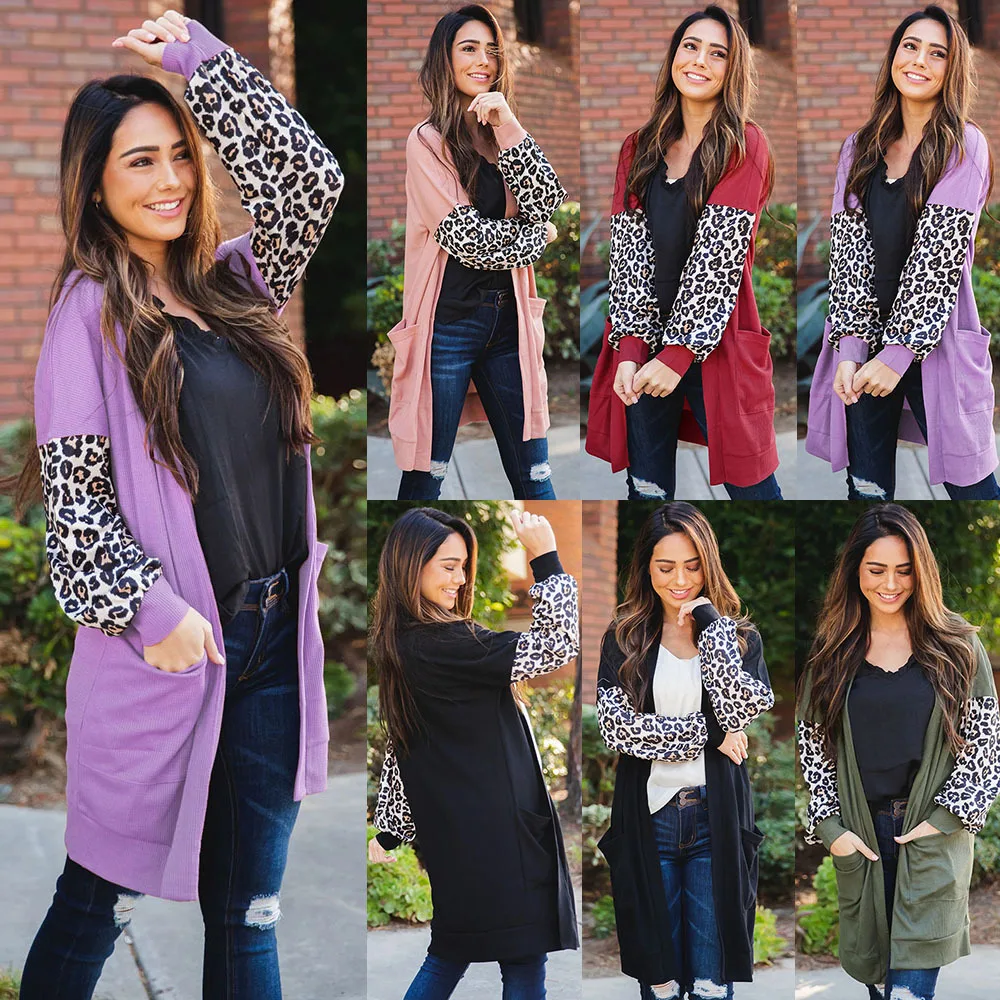 

New T-shirt Mid Long Leopard Sleeve Cardigan Top And Coat Large Women's Clothing For Sale In Autumn And Winter 2020