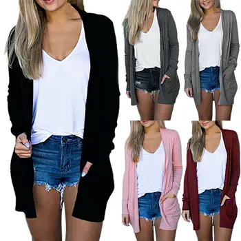 

Plus Women Casual Knit Cardigan Solid Spring Autumn Loose Stretch Open Stitch Long Sleeve Pockets Thin Long Slim Outwear Tops