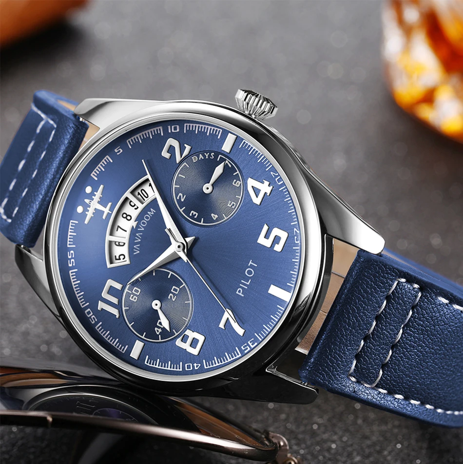 Airplane Sports Military Blue Dial Pilot Calendar Men Wristwatch Chronograph Fashion Casual Brand Army Brown Leather Watches