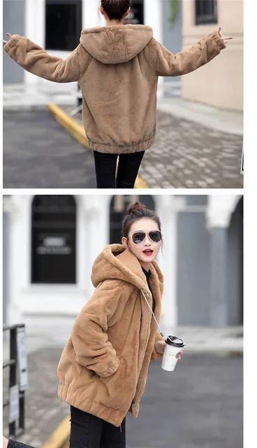 Plush Thickening Faux Rabbit Fur Hooded Jacket Women 2023 Winter New  Jackets Loose Long Sleeves Outerwear Fashion Female Coat