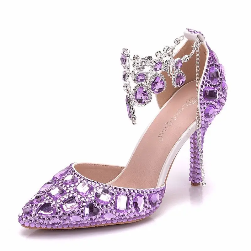 

Hot Selling Women Shoes Pumps Dress purple Buckle Strap Hollow Pointed Toe Thin Heels 9CM High Heels Shoes Women's Wedding Shoes