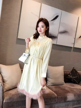 

2020 Early Spring New Model Elegant Vintage Long Sleeve Yellow Designer Dress Free Shipping Worldwide