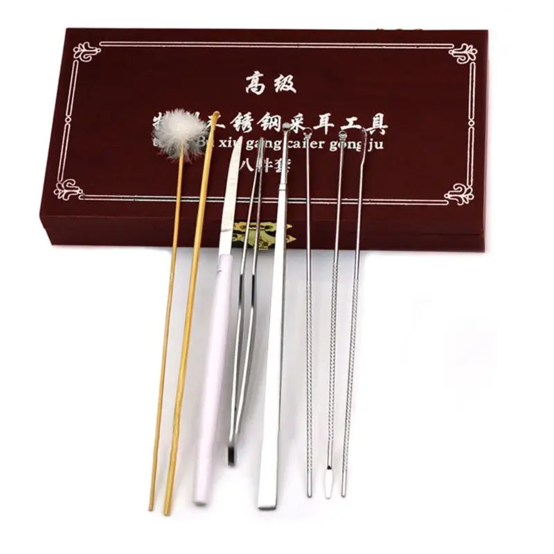 

Ear Picking Tools 8 Pcs Set Advanced Professional Ear Picking Tools Goose Feather Stick Wooden Box GXMC