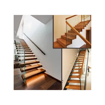 

American modern house decorative indoor solid wood floating stairs with LED lights